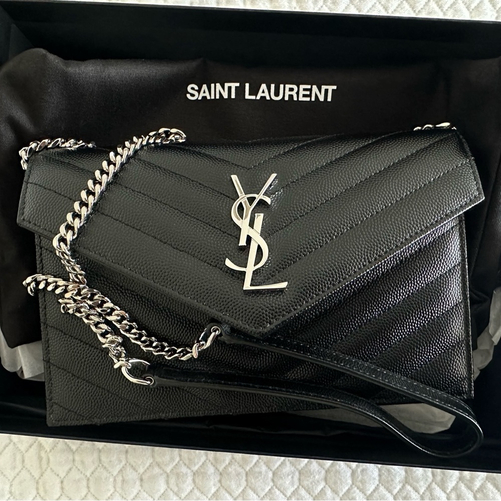 YSL CASSANDRE ENVELOPE CHAIN WALLET LAMBSKIN LEATHER SILVER